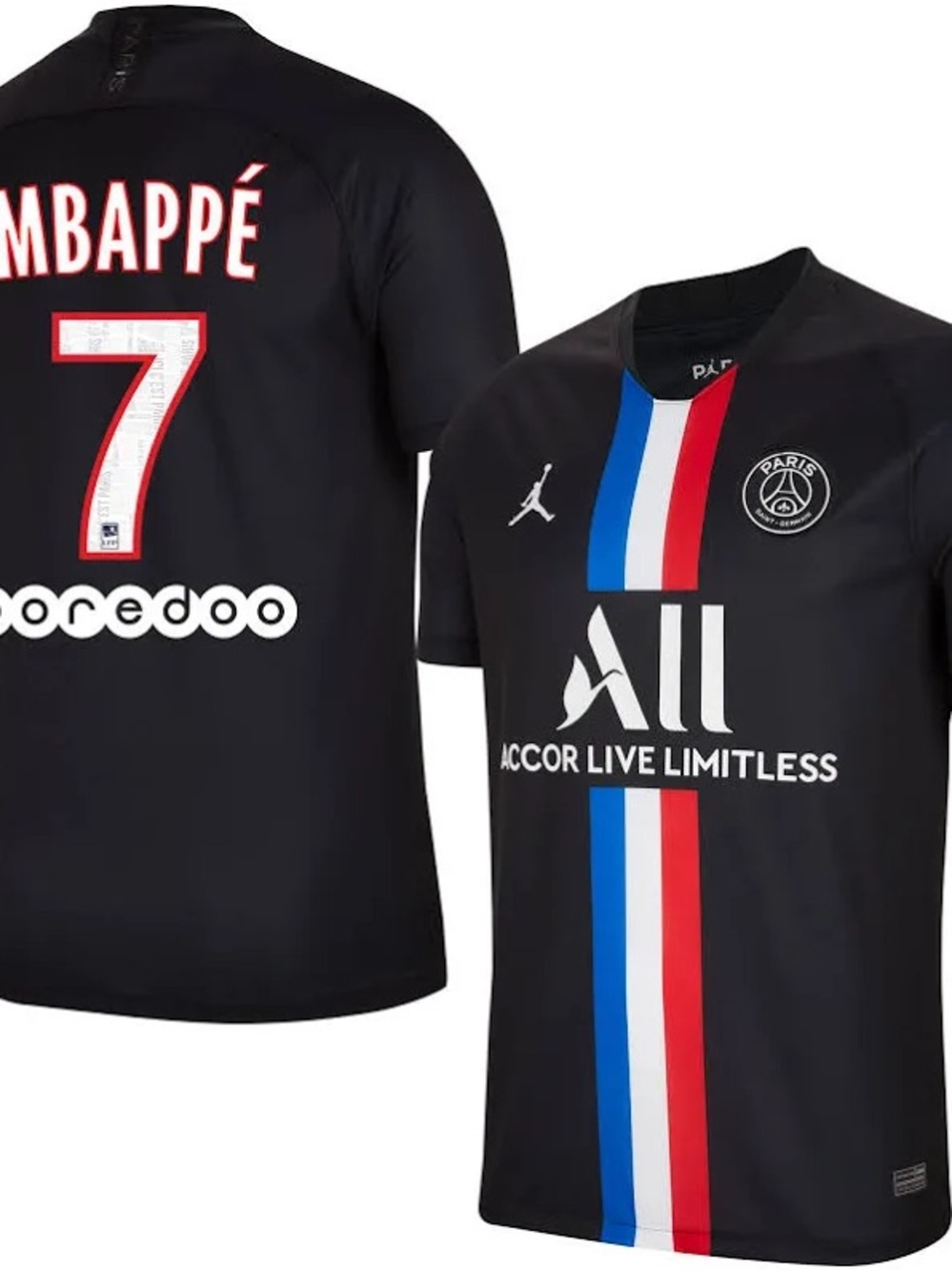 Jordan Kids Black Paris Saint-Germain Mbappé Jersey with Red & Blue Stripes
